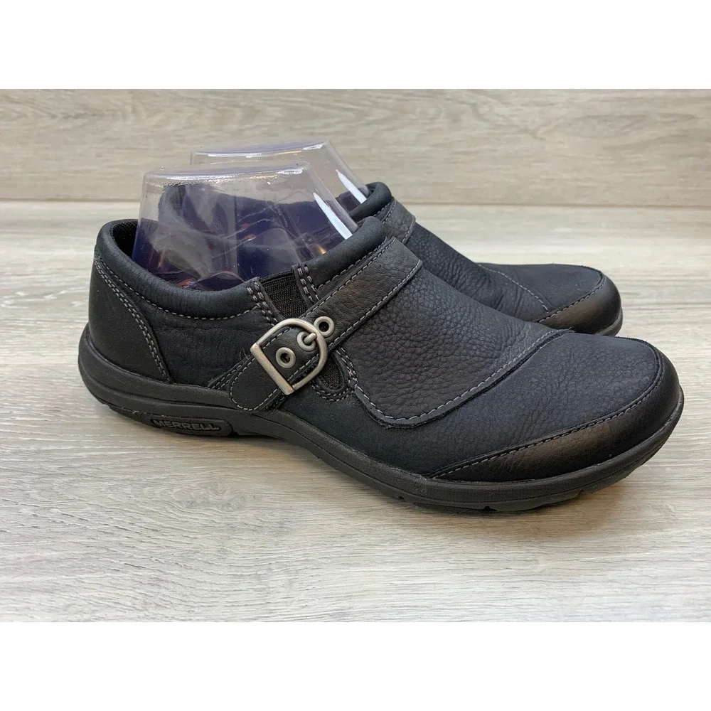 Merrell Women's Black Leather Slip On Buckle Flats Shoes 8 Trail Casual Shoes